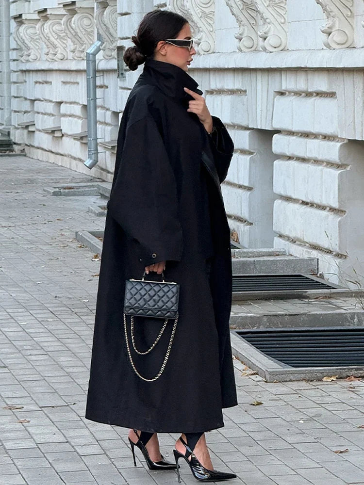 Dam Trenchcoat Lång, Överdimensionerad i Svart med Hög Krage och Bälte
