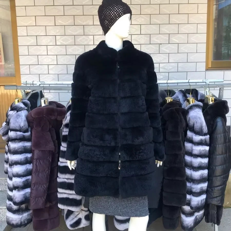 Fuskpälsjacka med huva, medellång, randig eller enfärgad design för dam