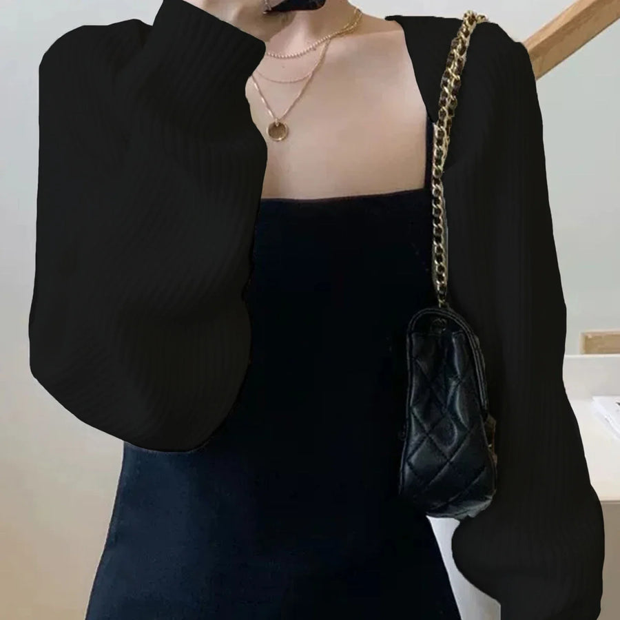 Ribbad crop top med långa ärmar för dam, bolero-stil, stickat utseende