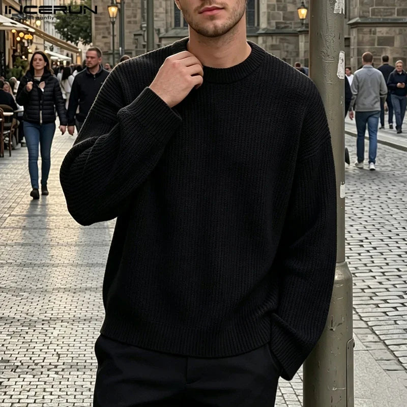 Ribbad Långärmad Tröja med Rund Halsringning för Herr, Svart