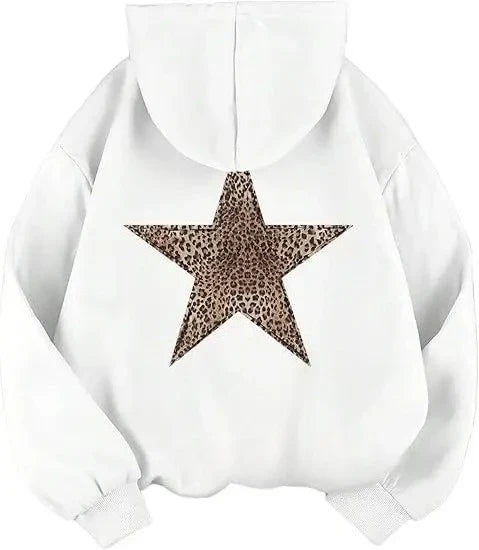 Hoodie med leopardmönstrad stjärna på ryggen, oversized passform