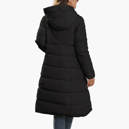 Dam lång quiltad vinterjacka med huva – trendig puffer för vardag och streetwear