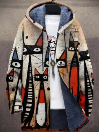 Ruth – Unisex Färgglad Katt-Print Huvtröja med Varm Fleecefoder och Konstnärlig Design