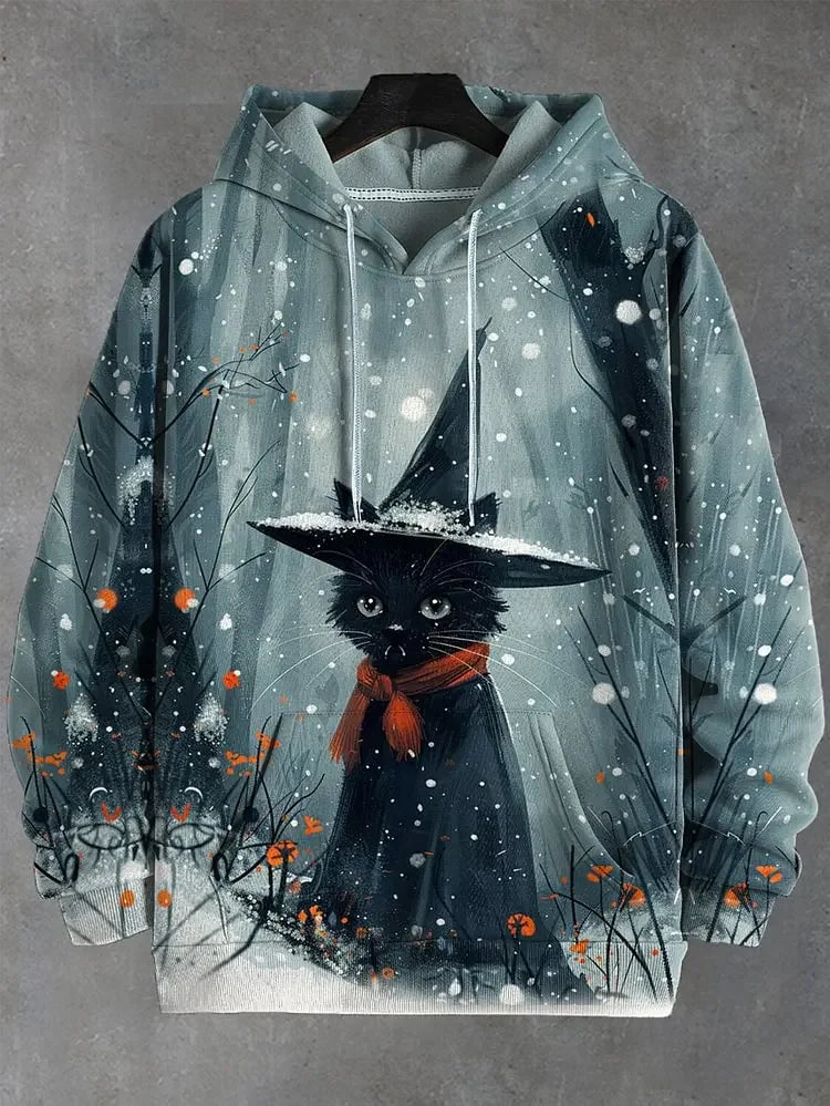 Hoodie med kattmotiv, tryck och huva, lång ärm