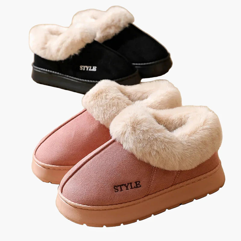 Damtofflor för vinter inomhus och utomhus – mysiga och halksäkra med elegant pälsdetalj