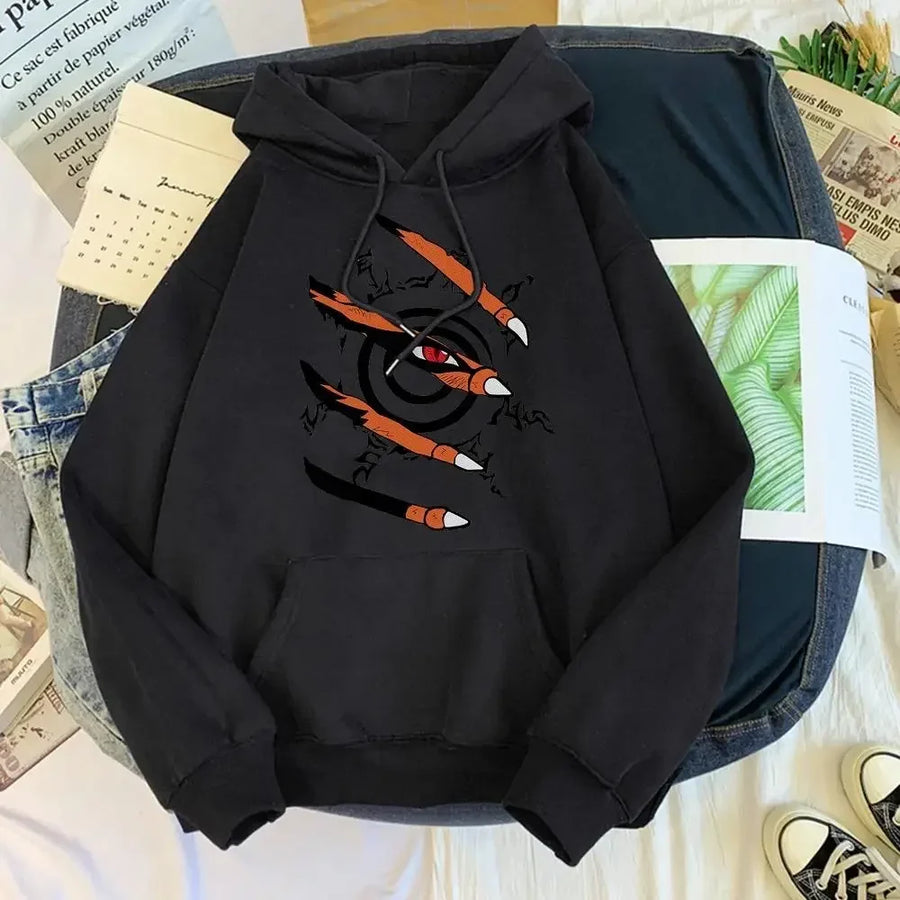 Unisex Hoodie med Tryck av Klomärken och Öga, Fickor framtill, Långärmad Tröja med Huva
