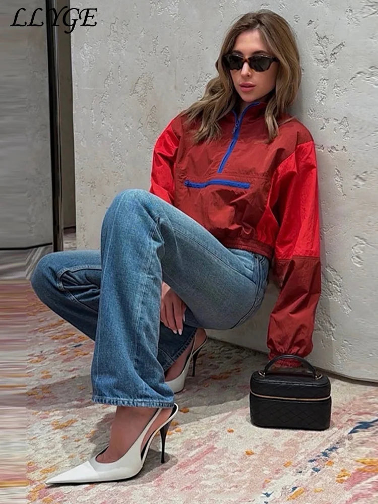 Färgad vindjacka med dragkedja Dam kort träningsjacka Långärmad crop top