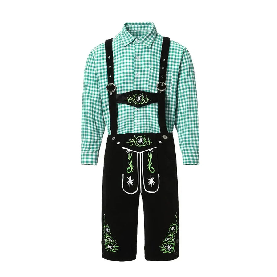 Herr Oktoberfestdräkt Brun/Svart Komplett Set Rutig Skjorta Hängselbyxor och Hatt