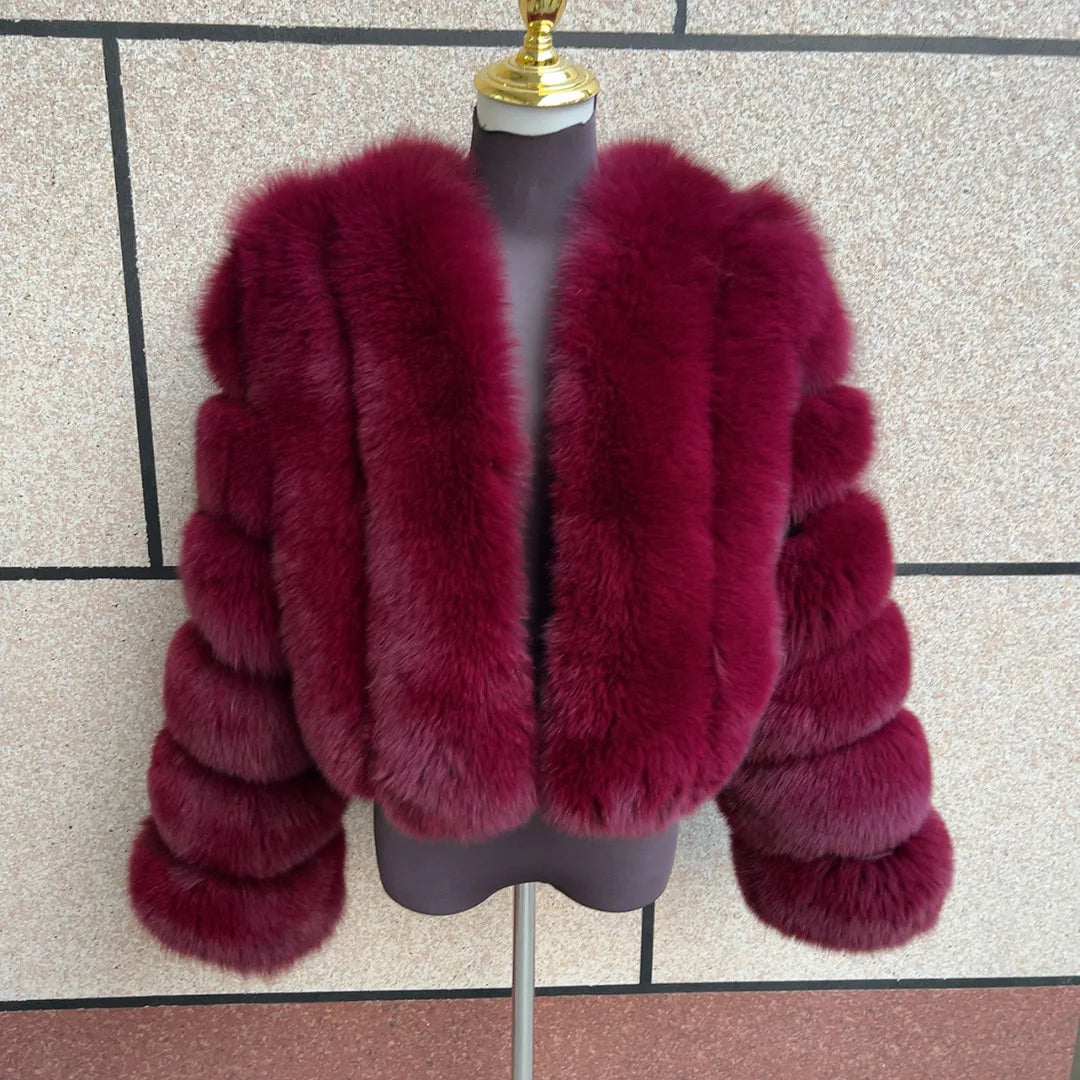 Kort fluffig fuskpälsjacka för dam, öppen design, flerfärgad