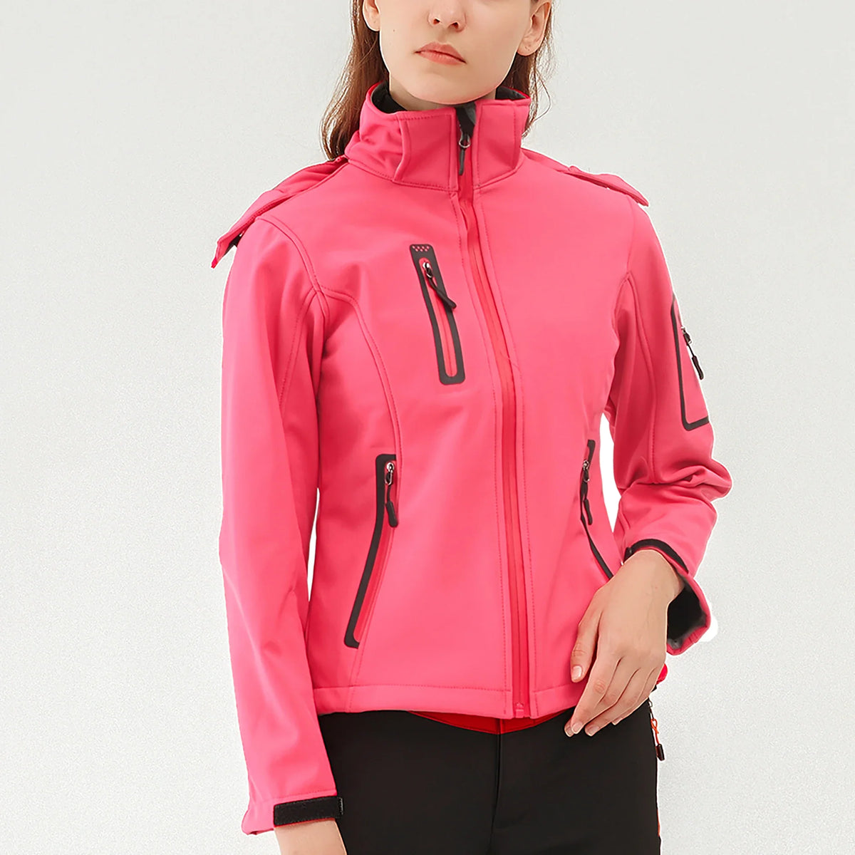 Varm Vinterjacka Dam Softshell med Huva och Fickor, Vindtät Vattenavvisande Friluftsjacka