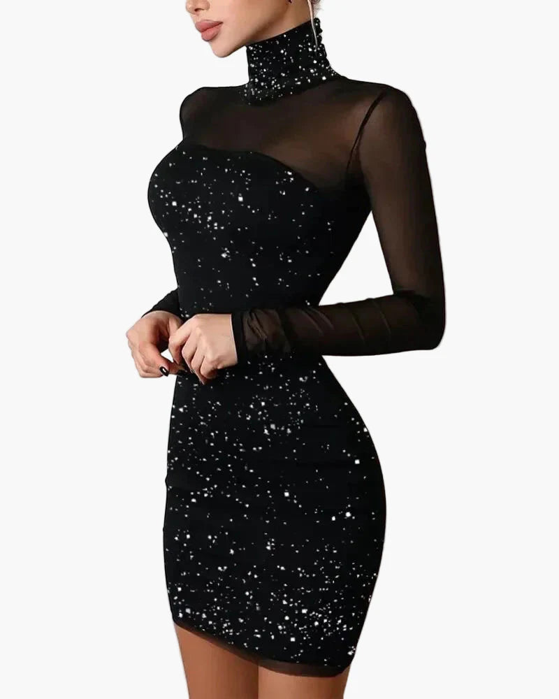 Dam Klänning Elegant Bodycon Med Hög Hals Och Mesh Ärmar – Perfekt För Fest & Kväll