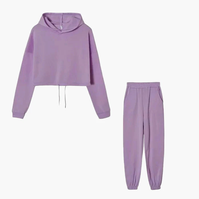 Dam Lounge-set med Kort Hoodie och Joggingbyxor – Trendig Vardagsstil och Mys