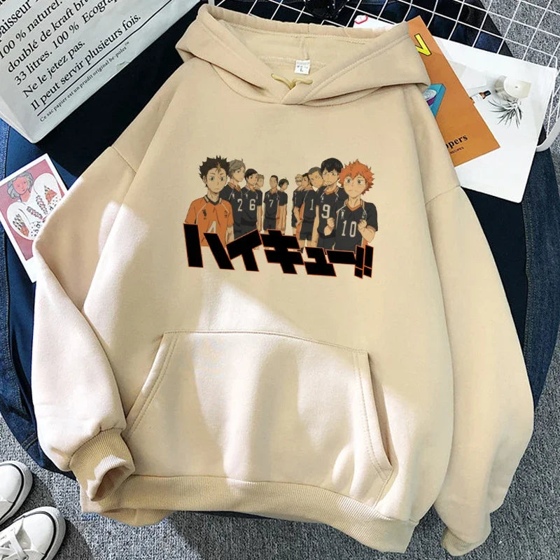 Hoodie med Karasuno Volleyball Club-tryck, beige/svart, unisex