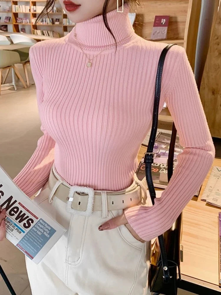 Dam ribbstickad polotröja, långärmad tröja i enfärgad design