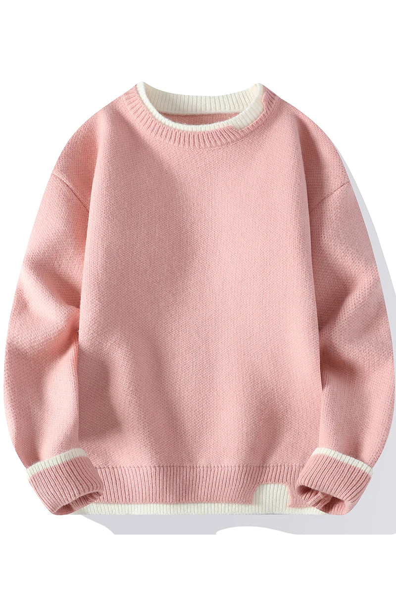 Unisex Långärmad Tröja Rundhalsad Kontrastkant Rosa