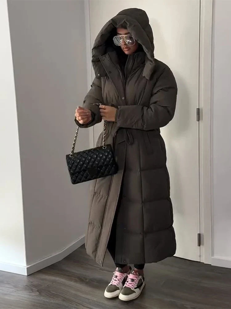 Lång Dunjacka Dam med Bälte och Huva Svart Brun Beige Vinterjacka
