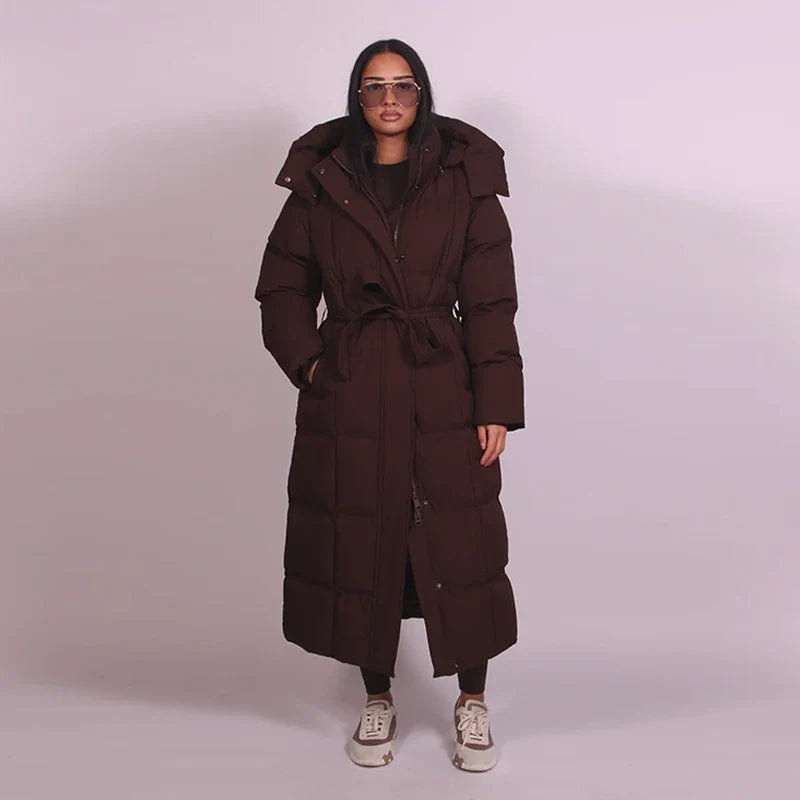 Lång Dunjacka Dam med Bälte och Huva Svart Brun Beige Vinterjacka