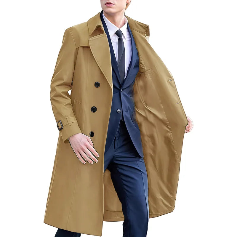Herr Trenchcoat med Dubbelknäppning, Lång Passform och Krage