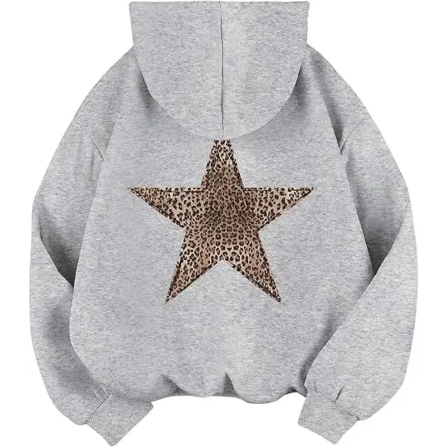 Hoodie med leopardmönstrad stjärna på ryggen, oversized passform