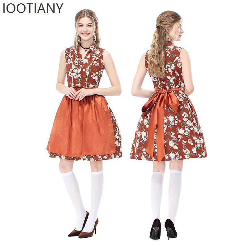 Dirndl klänning ärmlös med blommönster och förkläde i traditionell stil