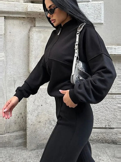 Damers Loungewear Set med Vid Passform – Avslappnad Träningsdräkt med Dragkedja och Vida Byxor