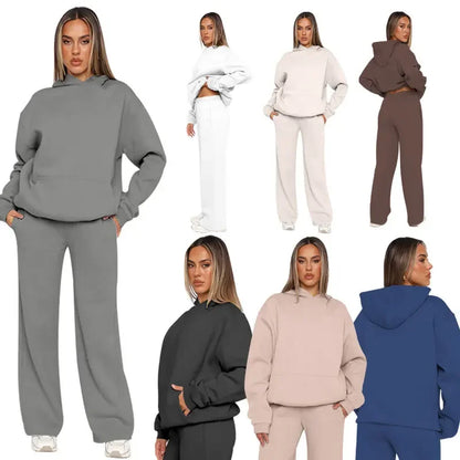 Damset med Hoodie och Vida Byxor – Avslappnad och Trendig Vardagsoutfit