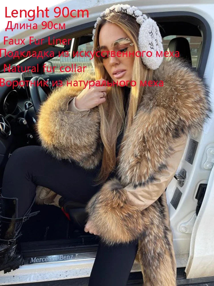 Vinterparkas för dam med huva och pälsimitationfodring, lång modell
