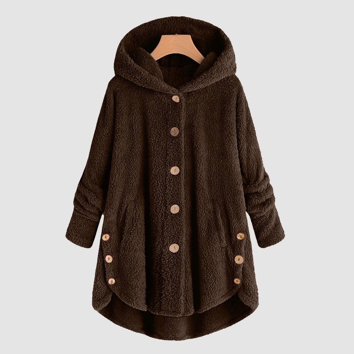 Teddyfleecejacka med huva och knappar, lång modell med asymmetrisk fåll