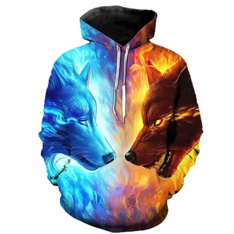 Hoodie med vargtryck i 3D, grafiskt mönster med vargar och måne