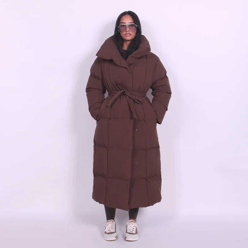 Lång Dunjacka Dam med Bälte och Huva Svart Brun Beige Vinterjacka