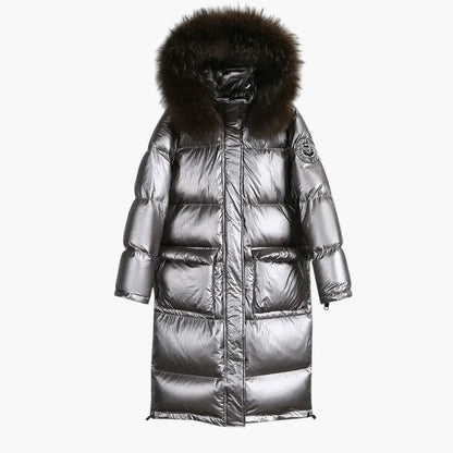 Dam Vinterjacka Lång Puffer Med Stor Pälsluva – Elegant Värmande Kappa För Kalla Dagar