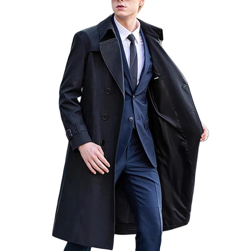 Herr Trenchcoat med Dubbelknäppning, Lång Passform och Krage