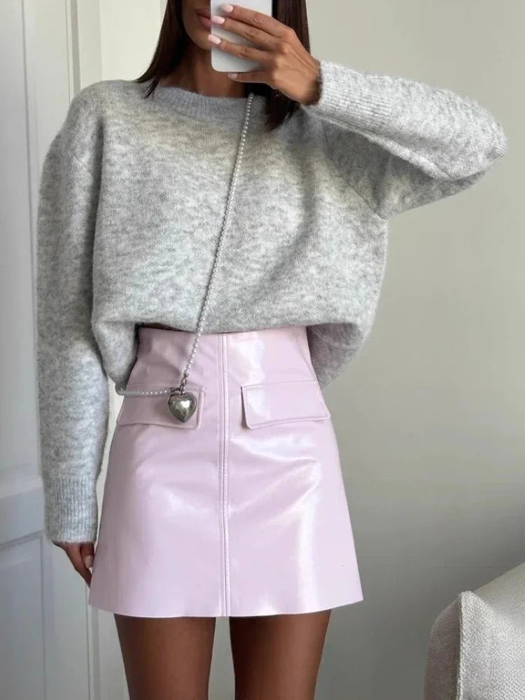 Rosa fluffig stickad tröja med rund hals