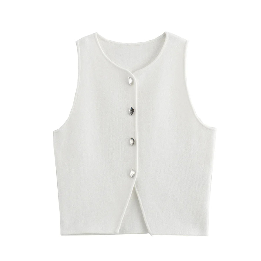 Ärmlös ribbad tröja med knappar, dam – V-ringad crop top