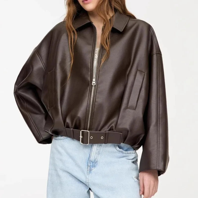 Brun Oversized Bomberjacka med Dragkedja och Bälte