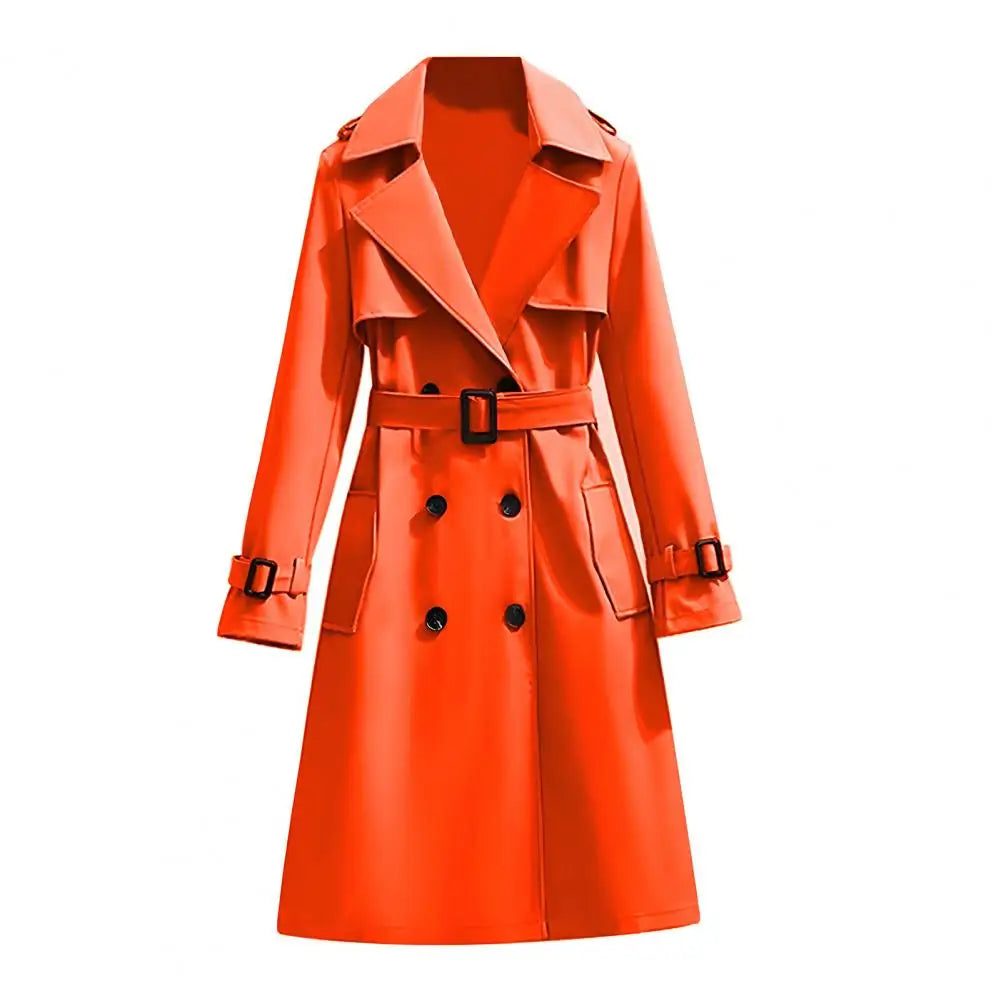 Klassisk Trenchcoat för Dam, Lång Dubbelknäppt Kappa med Bälte