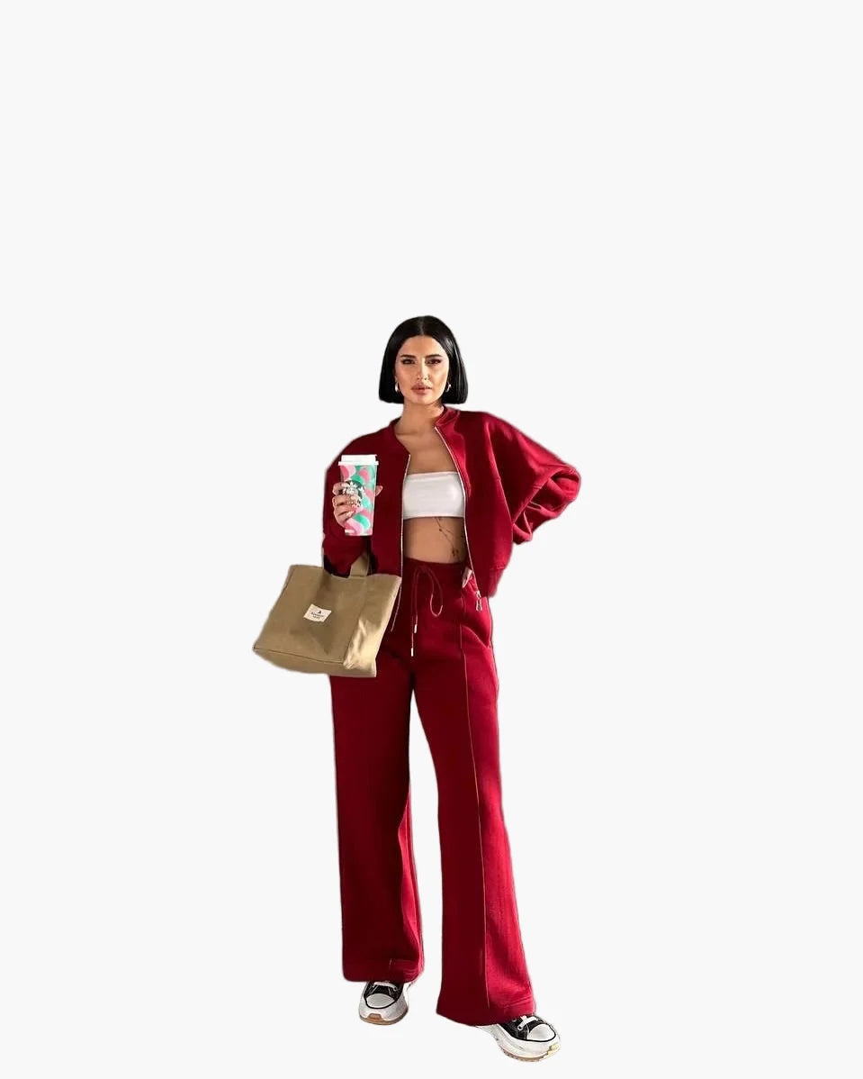 Damers Loungewear Set med Vid Passform – Avslappnad Träningsdräkt med Dragkedja och Vida Byxor