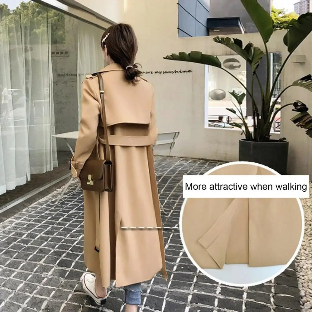 Klassisk Trenchcoat för Dam, Lång Dubbelknäppt Kappa med Bälte