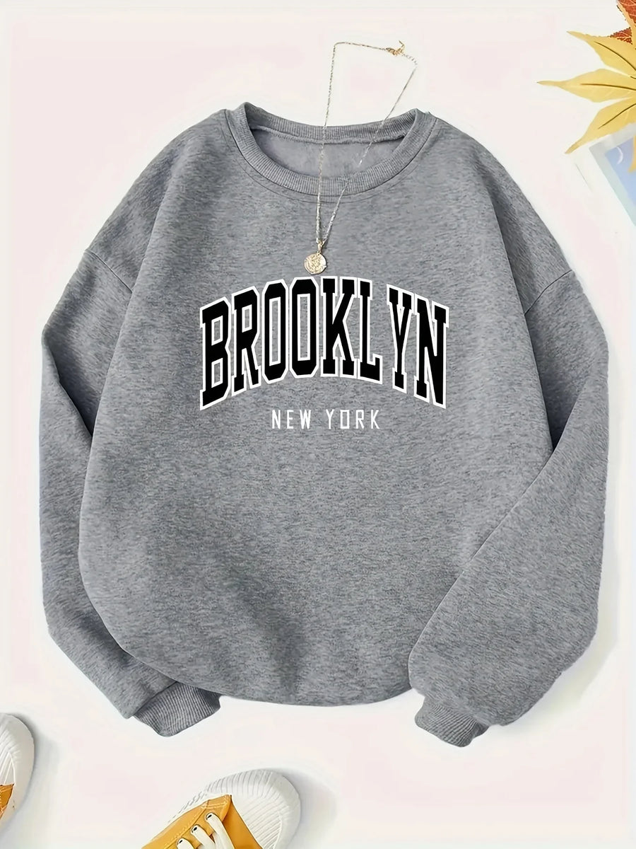 Grå sweatshirt med "Brooklyn New York" tryck, lång ärm