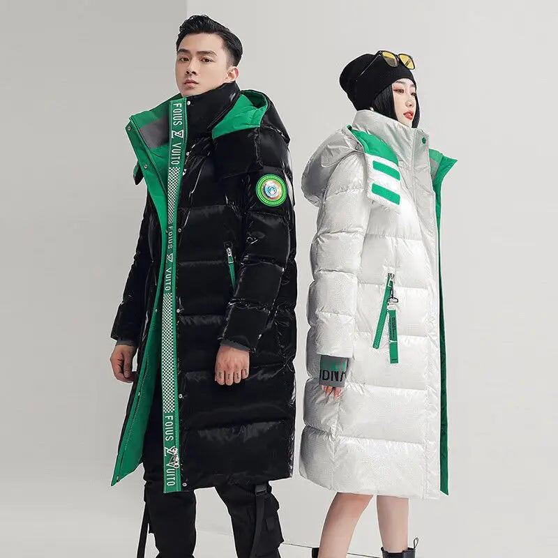 Unisex Glansig Lång Dunjacka med Huva Svart/Vit