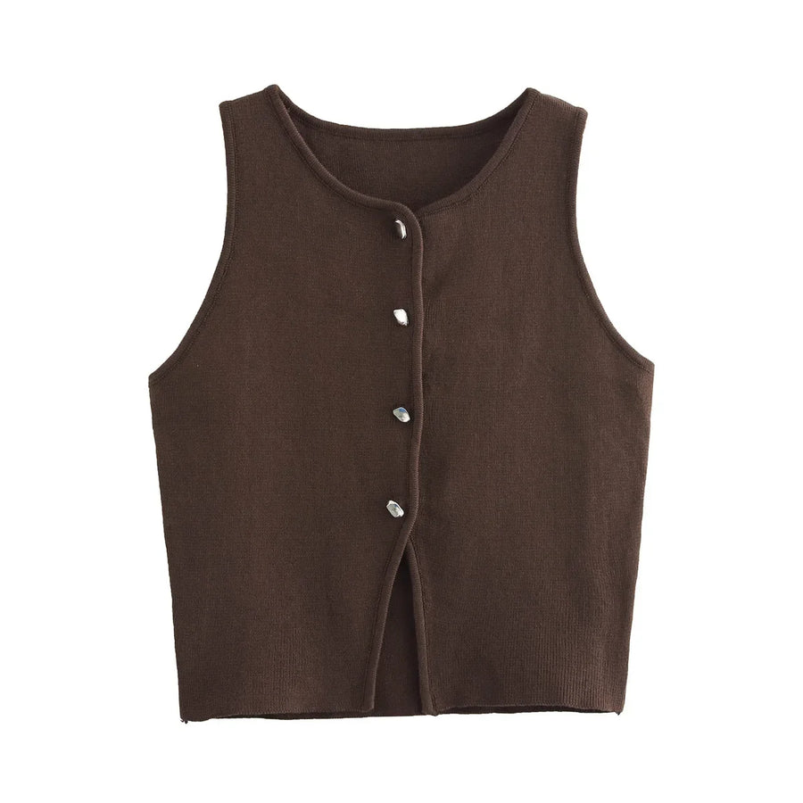 Ärmlös ribbad tröja med knappar, dam – V-ringad crop top