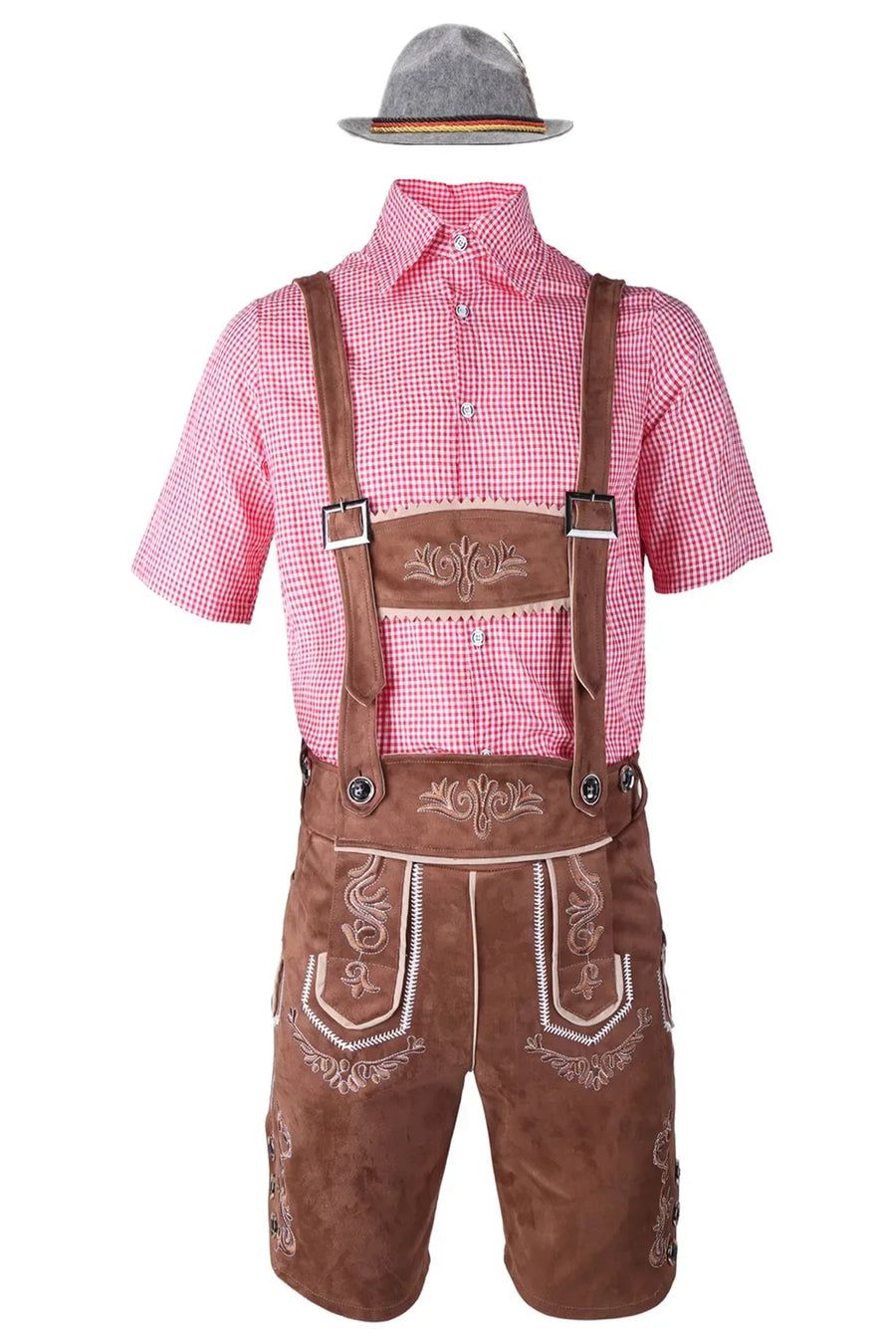 Herr Oktoberfest Lederhosen-set med skjorta, hängslen och hatt, broderade korta byxor