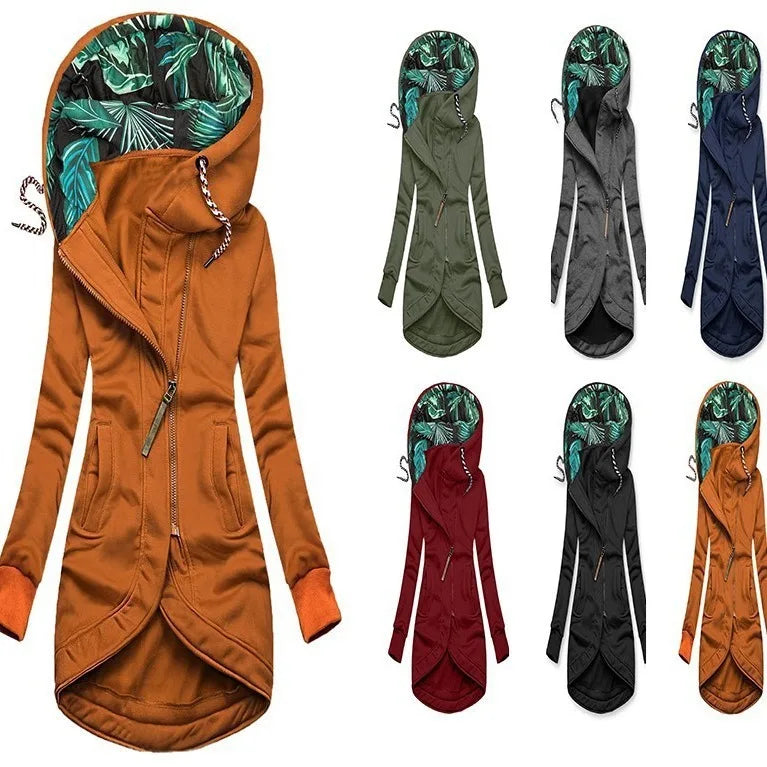 Damhoodie med dragkedja och mönstrad luva, lång modell