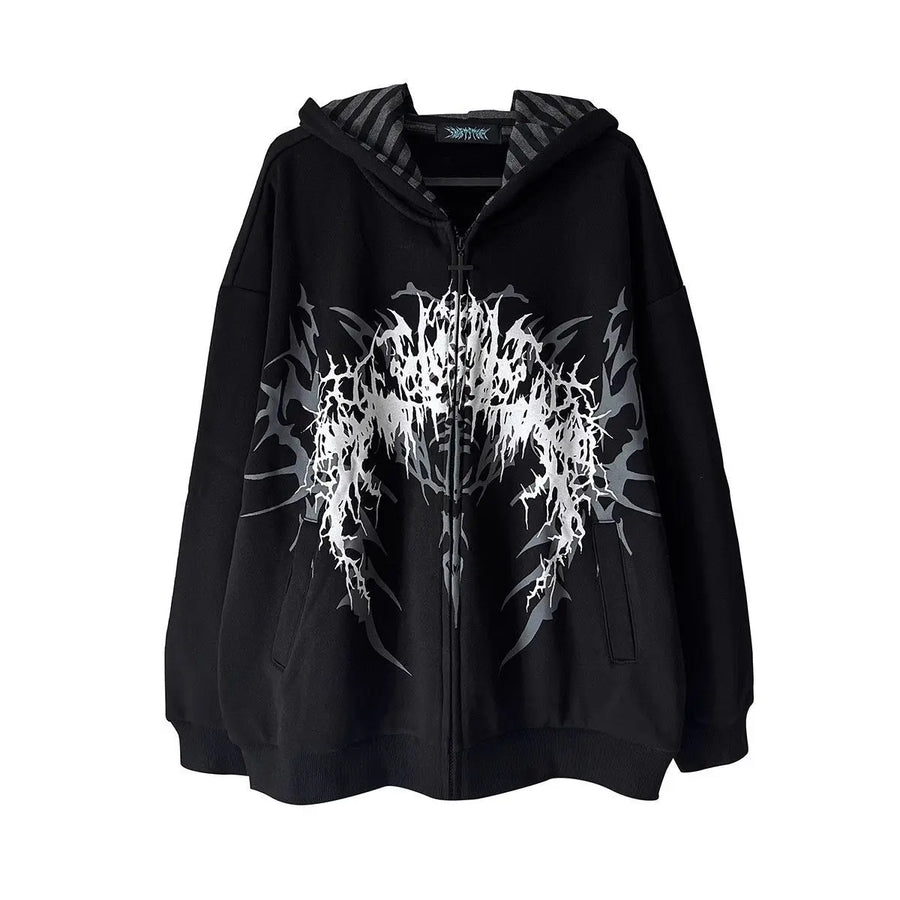 Svart hoodie med dragkedja och vit/grå grafisk design