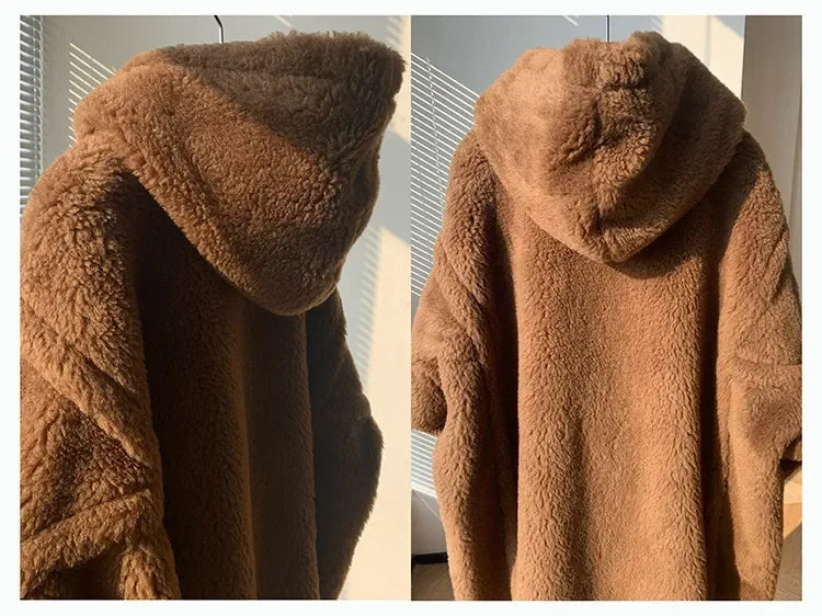 Brun Lång Hoodiejacka i Mjukt Material för Dam