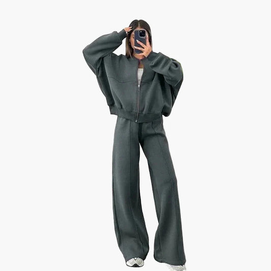 Damers Loungewear Set med Vid Passform – Avslappnad Träningsdräkt med Dragkedja och Vida Byxor