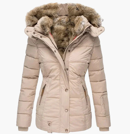 Dam Vinterjacka med Figurnära Passform och Fuskpäls – Elegant Vardagsstil