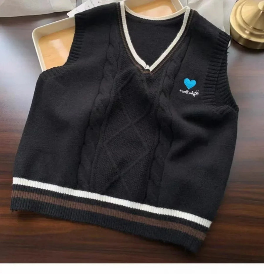 Rutstickad V-ringad Tröjväst med Randiga Detaljer