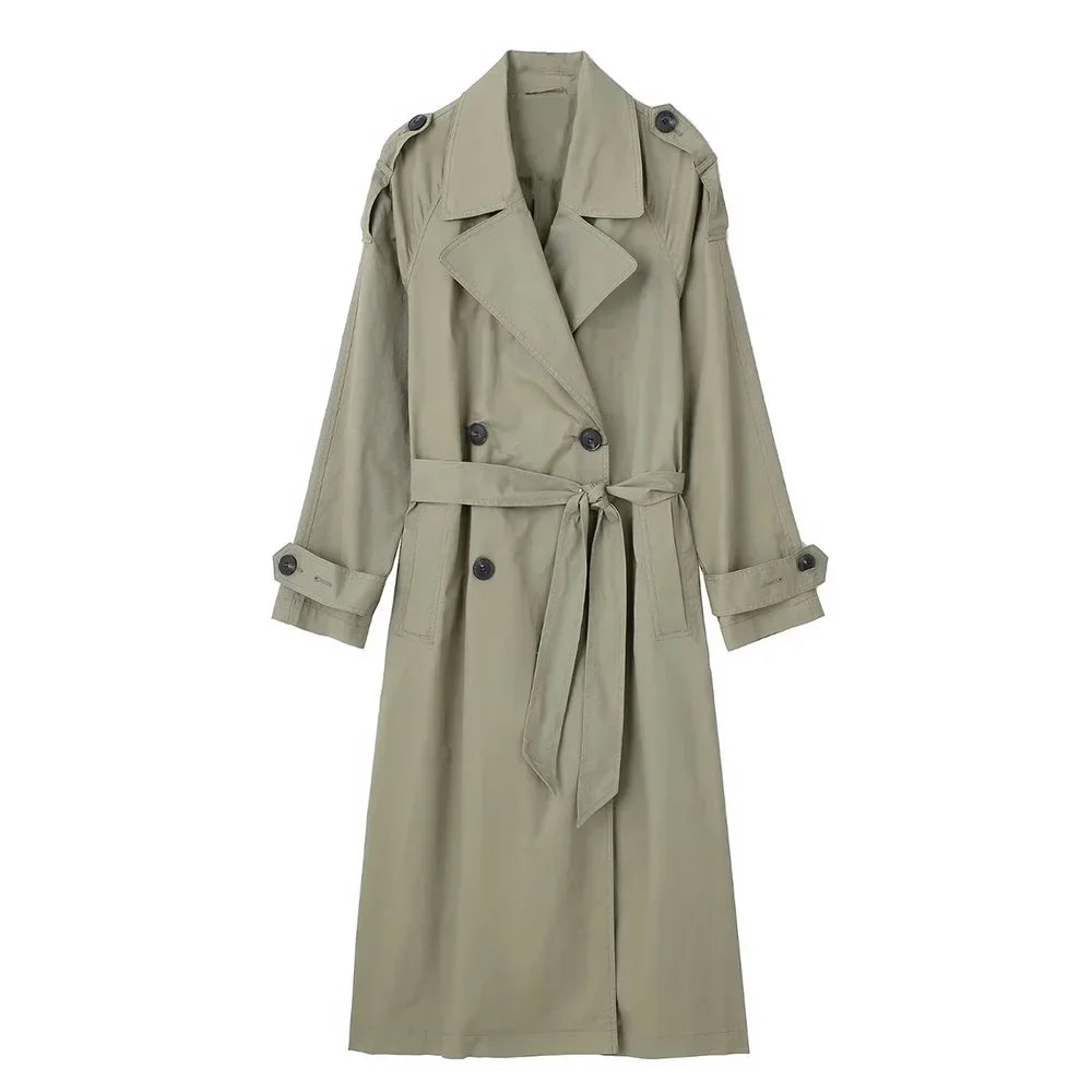 Dam lång trenchcoat med skärp, dubbelknäppt beige eller grön