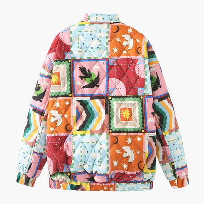 Unisex quiltad patchwork-bomberjacka – Bohemisk streetwear med grafiskt tryck
